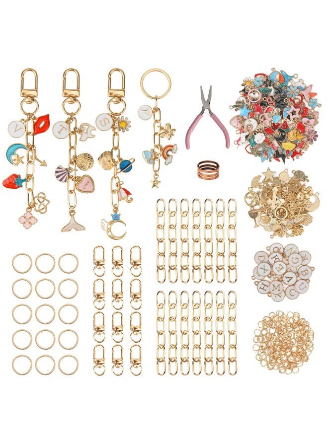 Starry 348Pcs Keychain Making Kit Bag Charm Kit 126 Charms 20 Keychain Clips with Key Ring Jewelry Plier,30 Extender Chain Swivel Snap Hooks Gold Charms 150 Jump Ring DIY Craft Supplies - Image 1