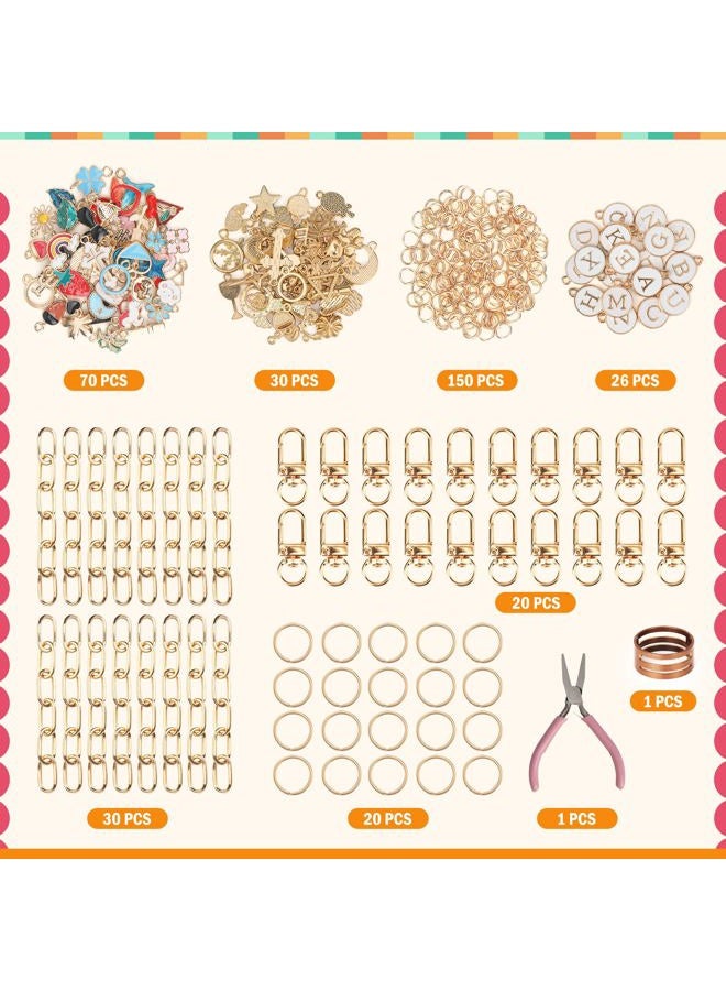 Starry 348Pcs Keychain Making Kit Bag Charm Kit 126 Charms 20 Keychain Clips with Key Ring Jewelry Plier,30 Extender Chain Swivel Snap Hooks Gold Charms 150 Jump Ring DIY Craft Supplies - Image 2