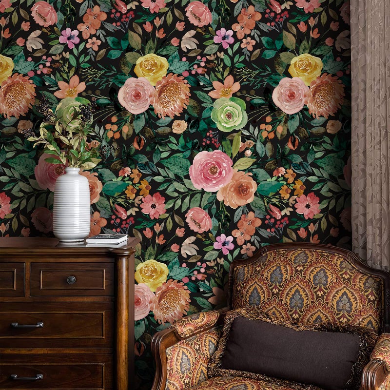 Simon&Siff Floral Peel & Stick Wallpaper, 17.3" x 120" Dark Floral Boho Flower Wallpaper, Renter Friendly - Image 2
