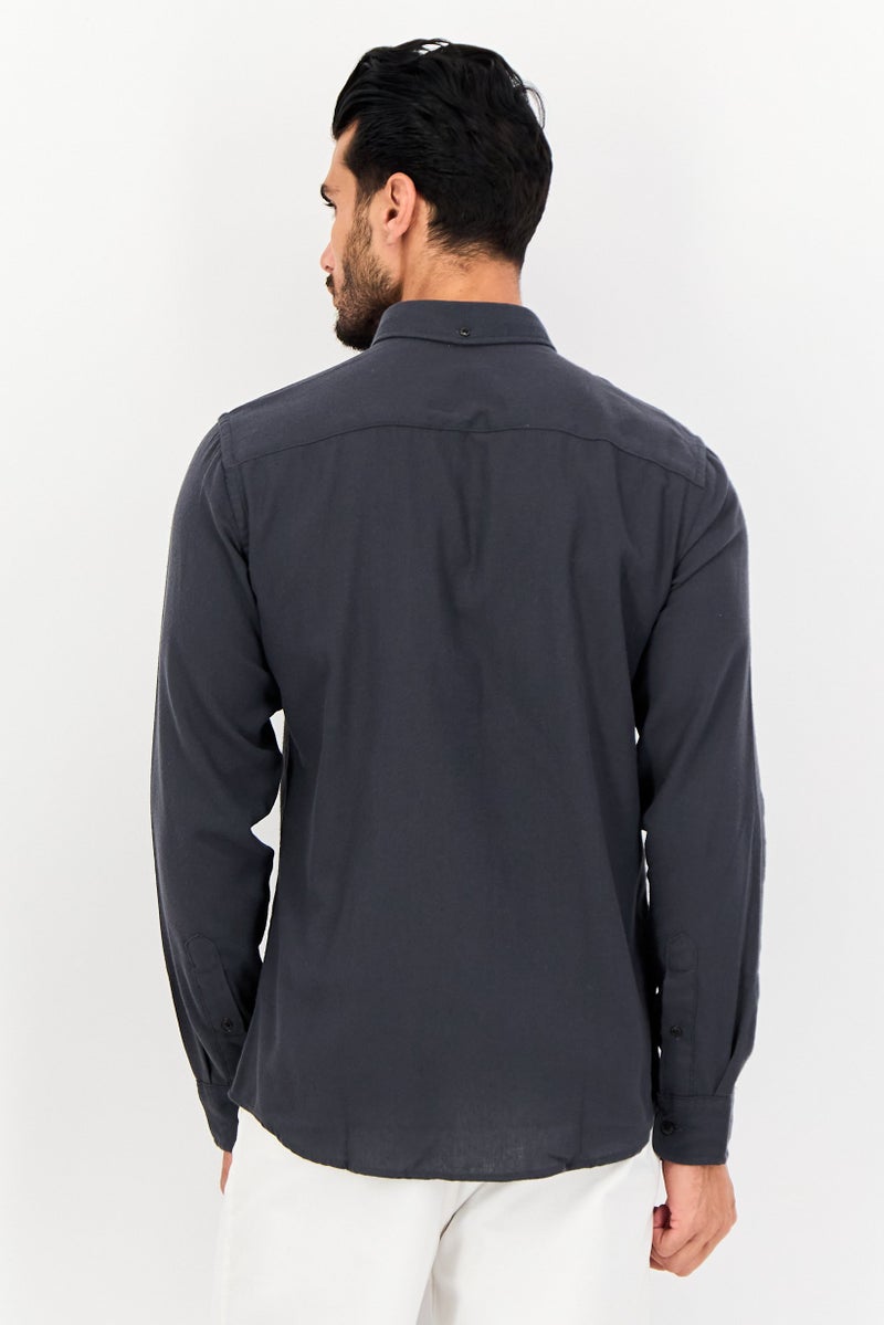 JACK & JONES Men Regular Fit Plain Long Sleeves Casual Shirt, Dark Grey - Image 4