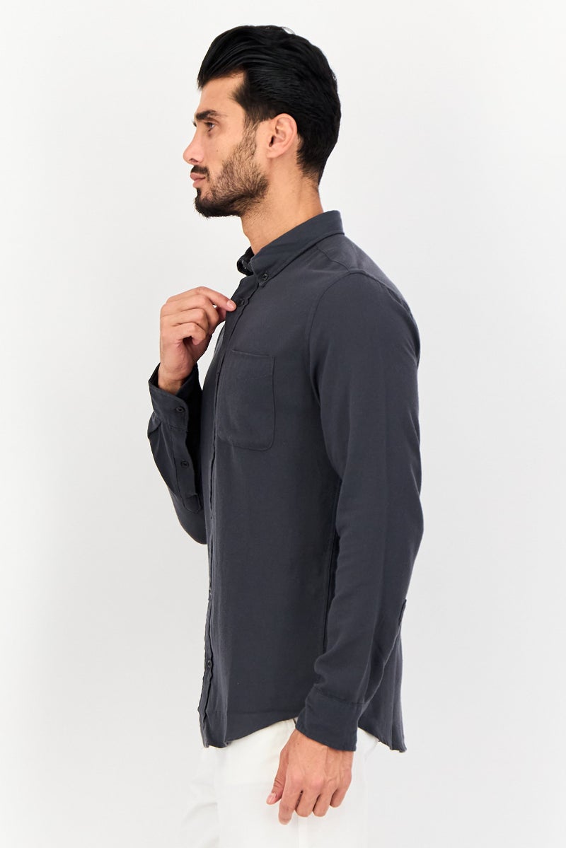 JACK & JONES Men Regular Fit Plain Long Sleeves Casual Shirt, Dark Grey - Image 3