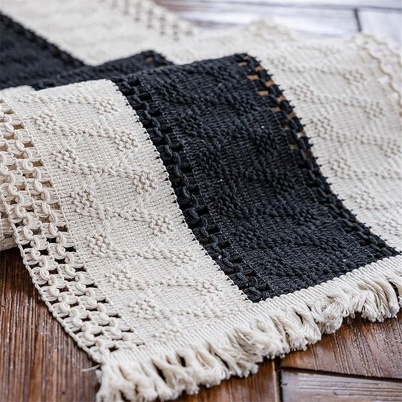 Alynsehom Macrame Table Runner Cream Beige and Black Boho Table Runners with Tassels Hand Woven Cotton Table Runner Rustic Farmhouse Table Runners for Bohemian Kitchen Dining Table(12x95in) - Image 5