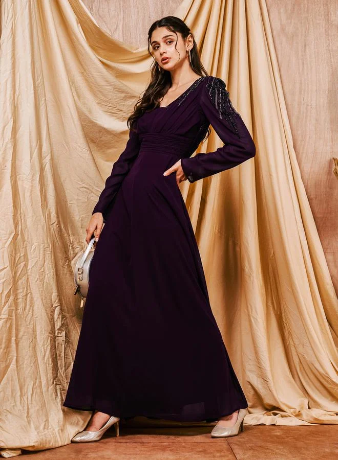 Beaded Yoke A-Line Maxi Dress