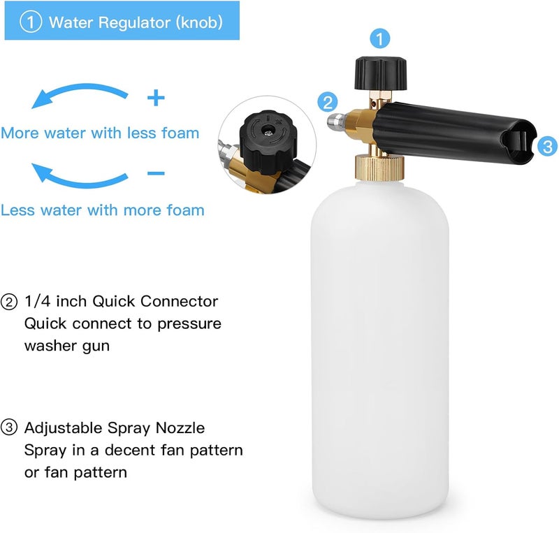 Geichan 2-in-1 Snow Foam Lance Foam Cannon Compatible for Karcher K Series K2 K3 K4 K5 K6 K7 Pressure Washer,1L Adjustable 1/4" Quick Release Snow Foam Lance Gun Soap Dispenser Bottle Spray Nozzle Various size alternatives - Image 4