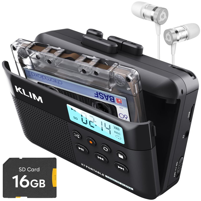 KLIM K7 Cassette Tape Player with Fusion Earphones - Cassette to MP3 Converter - Portable - Built-in Microphone & Speaker - Rechargeable Battery - Earphones - 16GB SD Card - Black - Image 1