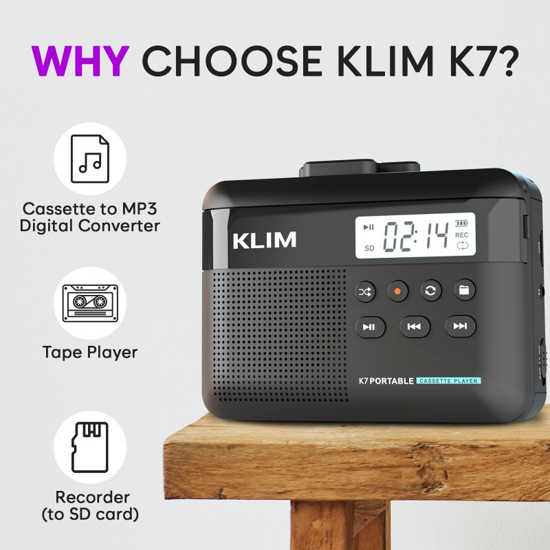 KLIM K7 Cassette Tape Player with Fusion Earphones - Cassette to MP3 Converter - Portable - Built-in Microphone & Speaker - Rechargeable Battery - Earphones - 16GB SD Card - Black - Image 2