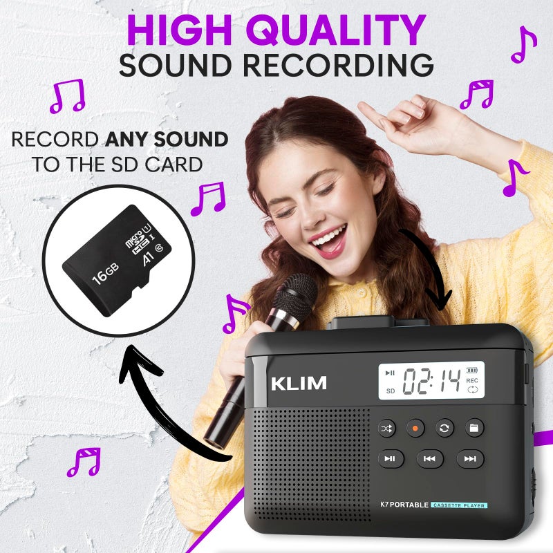 KLIM K7 Cassette Tape Player with Fusion Earphones - Cassette to MP3 Converter - Portable - Built-in Microphone & Speaker - Rechargeable Battery - Earphones - 16GB SD Card - Black - Image 4