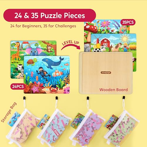 SYNCFUN 4in1 Animal Wooden Puzzles Glow in The Dark Toys 24 35 PCS Montessori Puzzles Board Toys for Toddlers Ages 35 Farm Ocean Zoo Insect Themes Birthday Valentine Easter Gifts for Kids - Image 5