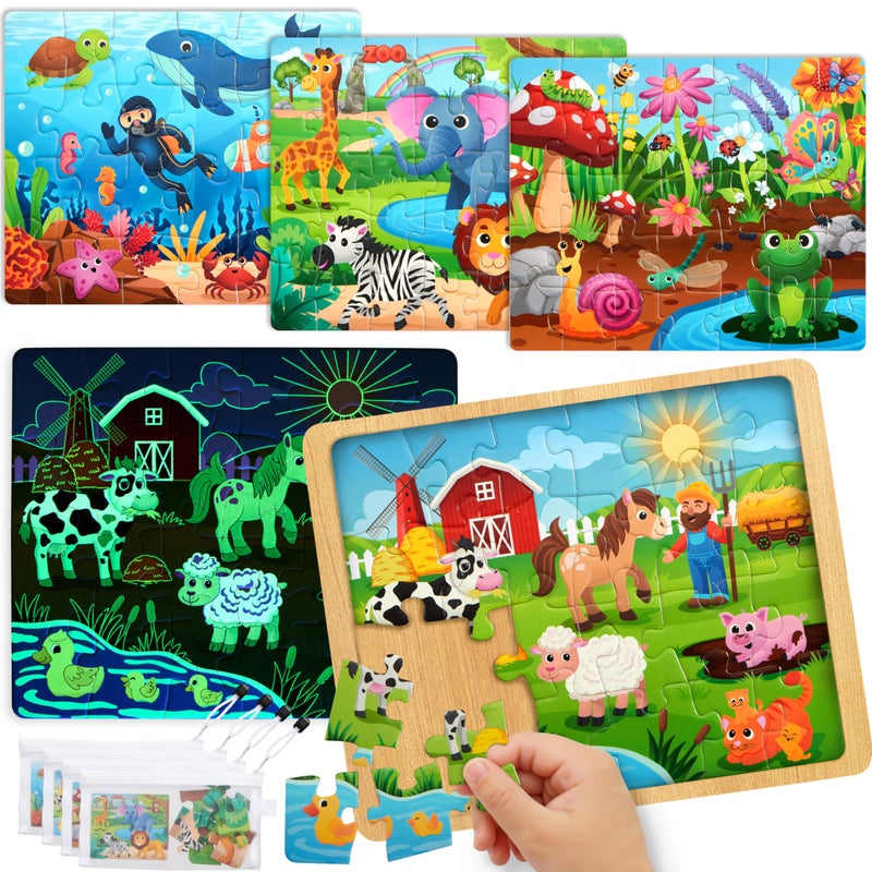 SYNCFUN 4in1 Animal Wooden Puzzles Glow in The Dark Toys 24 35 PCS Montessori Puzzles Board Toys for Toddlers Ages 35 Farm Ocean Zoo Insect Themes Birthday Valentine Easter Gifts for Kids - Image 3