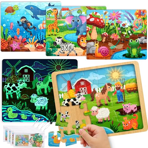 SYNCFUN 4in1 Animal Wooden Puzzles Glow in The Dark Toys 24 35 PCS Montessori Puzzles Board Toys for Toddlers Ages 35 Farm Ocean Zoo Insect Themes Birthday Valentine Easter Gifts for Kids - Image 1