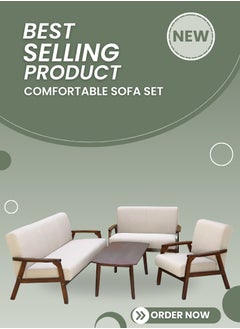 AFT Grand Mid-Century Retreat: A 4-Piece Solid Wood Sofa Set with Plush Beige Upholstery and Coordinating Center Table for Elevated Living. Beige / Brown (Arfan)  - Image 1