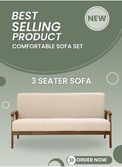 AFT Grand Mid-Century Retreat: A 4-Piece Solid Wood Sofa Set with Plush Beige Upholstery and Coordinating Center Table for Elevated Living. Beige / Brown (Arfan)  - Image 2