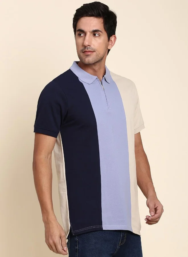 Men'S Navy 100% Cotton Colourblocked Regular Fit T-Shirt