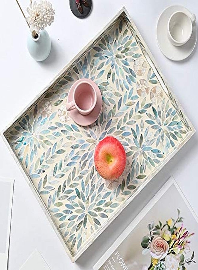 i-lan Creative Rectangular Mother of Pearl Severing Tray Lacquer Wooden Decorative Tray Handmade Shell Serving Tray with Handles and 2 Inch Side, Large Beige Blue Inlay Nacre Ottoman Tray (15.75") - Image 3