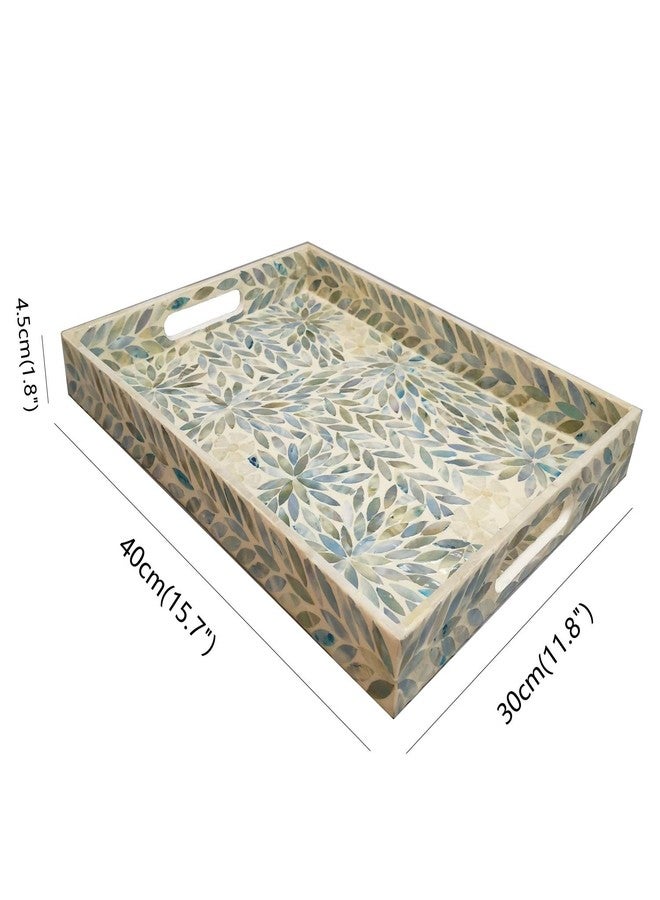 i-lan Creative Rectangular Mother of Pearl Severing Tray Lacquer Wooden Decorative Tray Handmade Shell Serving Tray with Handles and 2 Inch Side, Large Beige Blue Inlay Nacre Ottoman Tray (15.75") - Image 2