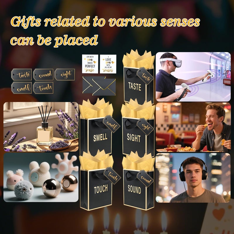 Nimbbex Gold Foil 5 Senses Gift Bags for Him Her with Labels Envelopes and Cards, Five Senses Gift Bags with Tissue Handle for Birthday, Anniversary, Mother's Day, Valentine's Day 9x7x3.2 Inch (Black) - Image 4