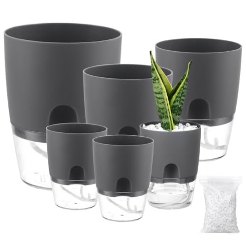 Planterhoma 6 Pack Self Watering Pots for Indoor Plants 3246 Inch Plant Pot Plastic Self Watering Planter for Orchid African Violet Small Clear Flower Pots with Drainage Holes and Wicking Grey - Image 1