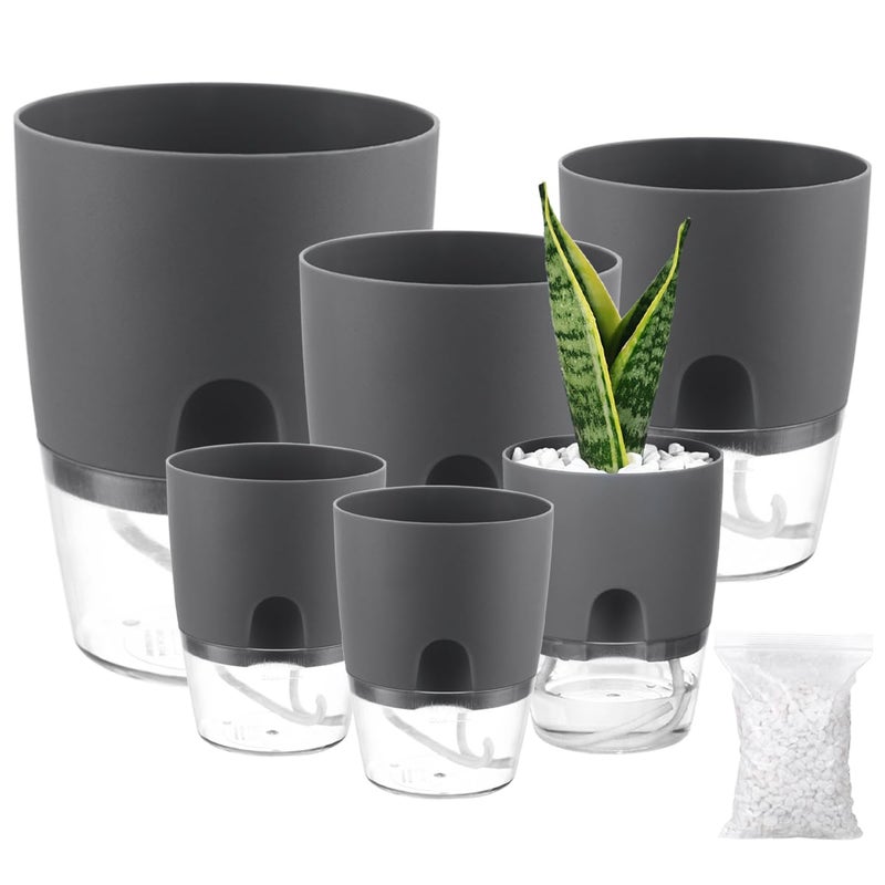 Planterhoma 6 Pack Self Watering Pots for Indoor Plants 3246 Inch Plant Pot Plastic Self Watering Planter for Orchid African Violet Small Clear Flower Pots with Drainage Holes and Wicking Grey - Image 2
