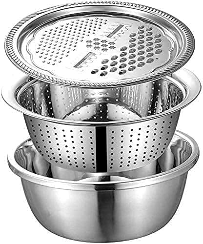 PANKTI 3 in 1 Multifunctional Thicken Stainless Steel Basin Grater Vegetable Cutter with Drain Basket Vegetable Fruits Washing Bowl Strainer Set 26cm Steel Colour - Image 1