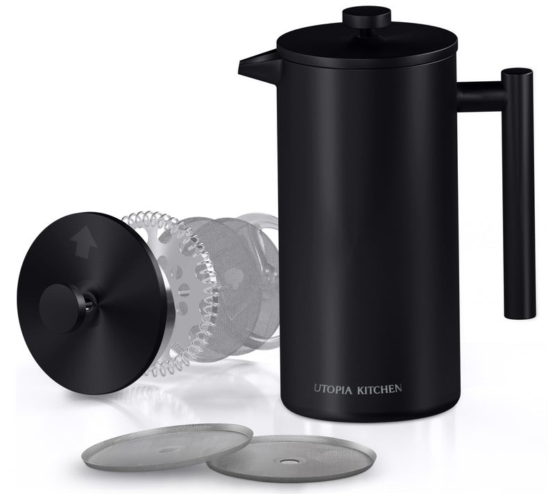 Utopia Kitchen 304 Grade Stainless Steel French Press Coffee Maker 17 Oz Double Wall Insulated Coffee Press with 4Level Filtration system Include 2 Extra Filters RustFree Dishwasher Safe Black