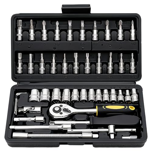 Elinoover 46-Piece Socket Wrench Set, Premium 1/4 inch Metric Socket Set, Ratchet Set with Quick-Release Ratchet and Extension Bar, Compact Storage Case - Perfect for Auto Repair & Home Use - Image 1