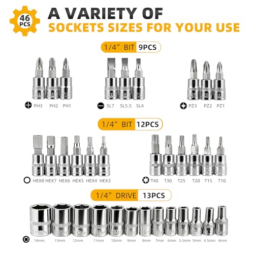 Elinoover 46-Piece Socket Wrench Set, Premium 1/4 inch Metric Socket Set, Ratchet Set with Quick-Release Ratchet and Extension Bar, Compact Storage Case - Perfect for Auto Repair & Home Use - Image 2