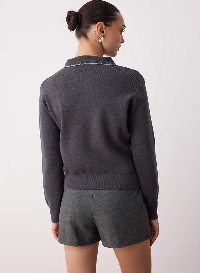 trendyol Anthracite Wool Baby Collar Soft Textured Knitwear Cardigan - Image 4