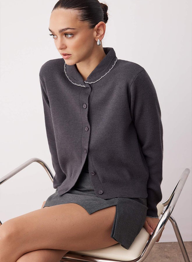 trendyol Anthracite Wool Baby Collar Soft Textured Knitwear Cardigan - Image 2