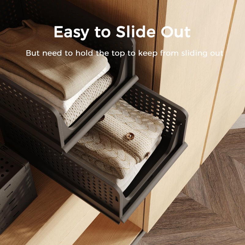 Pinkpum 5 Pack Folding Closet Organizers - Stackable Plastic Drawer Basket for Clothing, Shelf Storage Container for Closet, Wardrobe, Bedroom, Bathroom, Office (Black) - Image 2