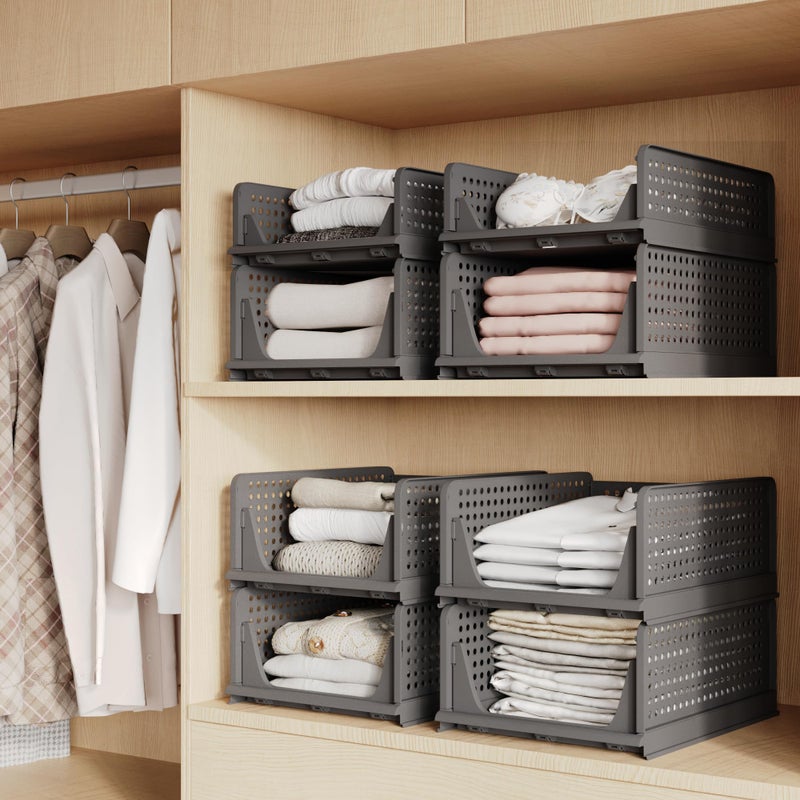 Pinkpum 5 Pack Folding Closet Organizers - Stackable Plastic Drawer Basket for Clothing, Shelf Storage Container for Closet, Wardrobe, Bedroom, Bathroom, Office (Black) - Image 3