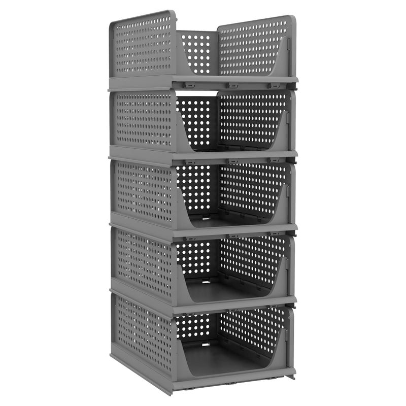 Pinkpum 5 Pack Folding Closet Organizers - Stackable Plastic Drawer Basket for Clothing, Shelf Storage Container for Closet, Wardrobe, Bedroom, Bathroom, Office (Black) - Image 1