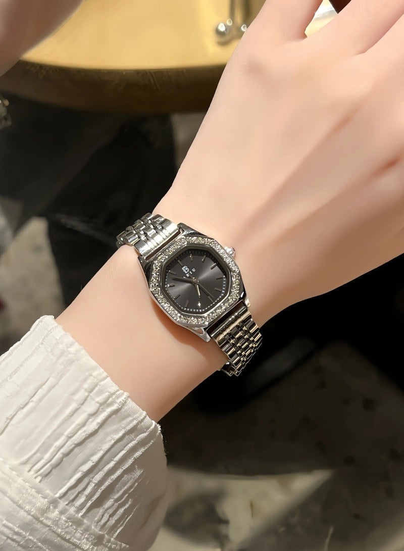 ABIU Ladies Stainless Steel Waterproof Watch with Diamond-Studded Dial, Exquisite and Luxurious Design  24mm Black - Image 2