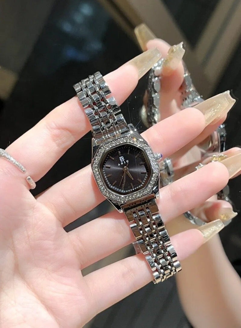 ABIU Ladies Stainless Steel Waterproof Watch with Diamond-Studded Dial, Exquisite and Luxurious Design  24mm Black - Image 1