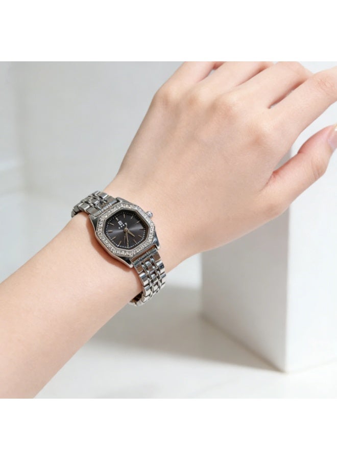 ABIU Ladies Stainless Steel Waterproof Watch with Diamond-Studded Dial, Exquisite and Luxurious Design  24mm Black - Image 3