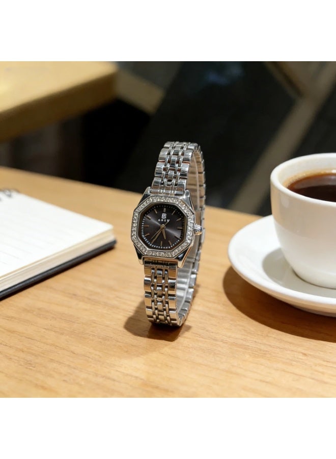 ABIU Ladies Stainless Steel Waterproof Watch with Diamond-Studded Dial, Exquisite and Luxurious Design  24mm Black - Image 4