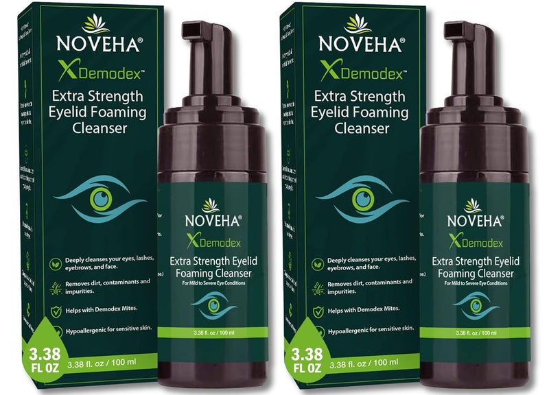 NOVEHA Demodex Eyelid Cleanser Foam  Extra Strength Tea Tree Oil Formula  Daily Face Wash For Eyelash Demodex MGD Stye Eyes Eye Irritations  Skin Dryness 338 fl oz 100ml  Pack of 2
