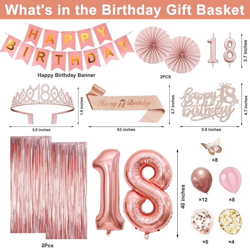 Juesly 18th Birthday Decorations for Girls, Rose Gold 18 Birthday Decorations for Her, 18 Sash and Crown, Banner, Fringe Curtains, Hanging Paper Fans, 18 Year Old Party Supplies Set - Image 3