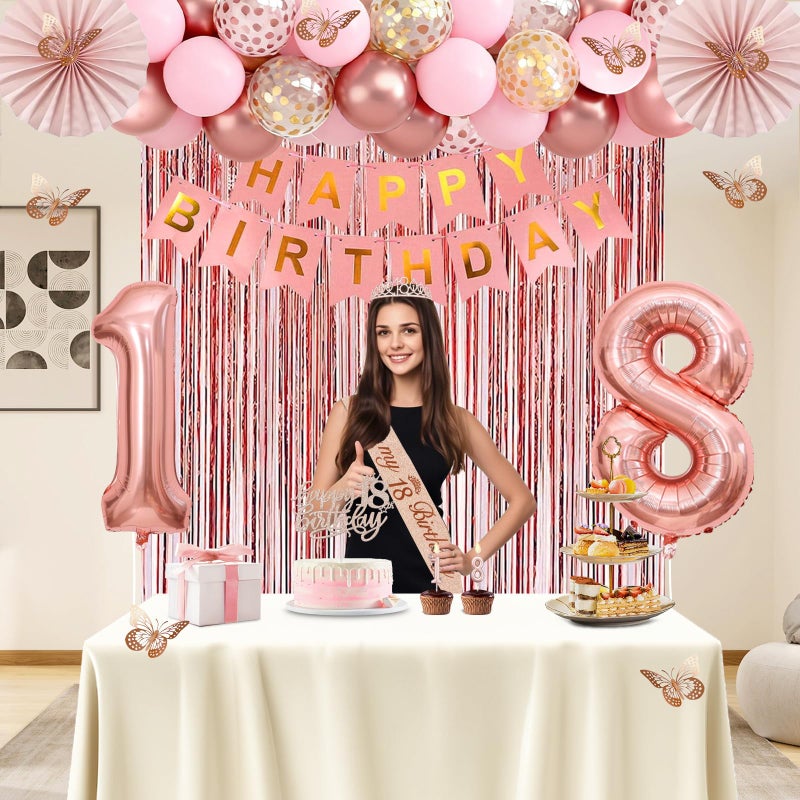 Juesly 18th Birthday Decorations for Girls, Rose Gold 18 Birthday Decorations for Her, 18 Sash and Crown, Banner, Fringe Curtains, Hanging Paper Fans, 18 Year Old Party Supplies Set - Image 2