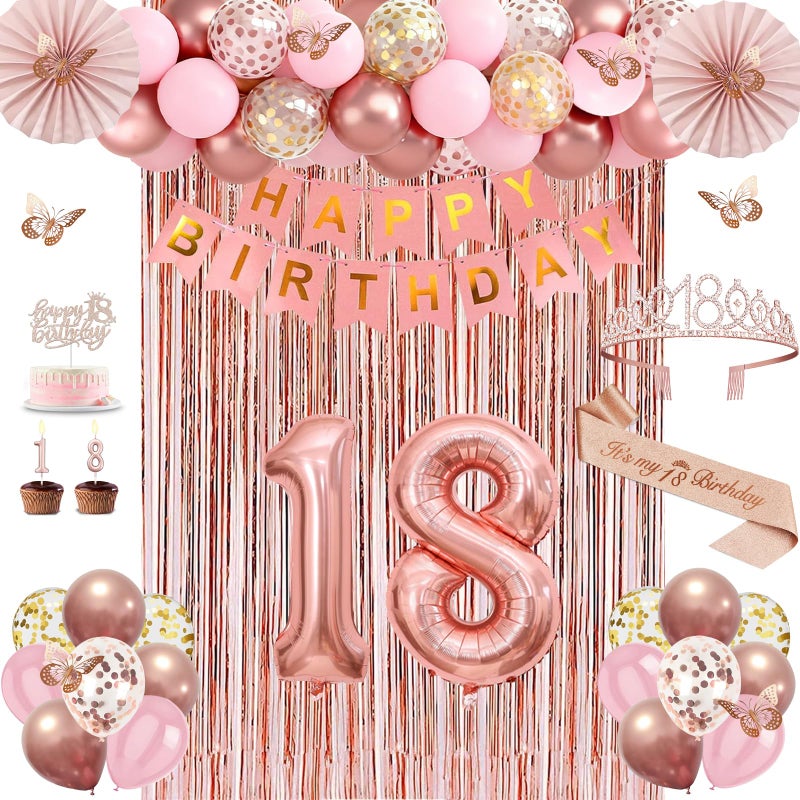 Juesly 18th Birthday Decorations for Girls, Rose Gold 18 Birthday Decorations for Her, 18 Sash and Crown, Banner, Fringe Curtains, Hanging Paper Fans, 18 Year Old Party Supplies Set - Image 1
