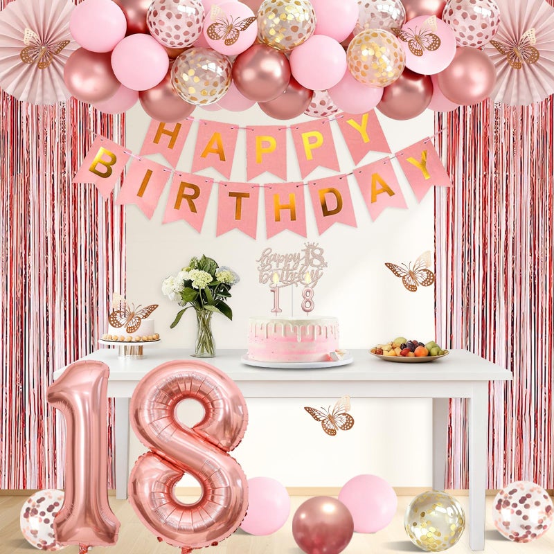Juesly 18th Birthday Decorations for Girls, Rose Gold 18 Birthday Decorations for Her, 18 Sash and Crown, Banner, Fringe Curtains, Hanging Paper Fans, 18 Year Old Party Supplies Set - Image 5