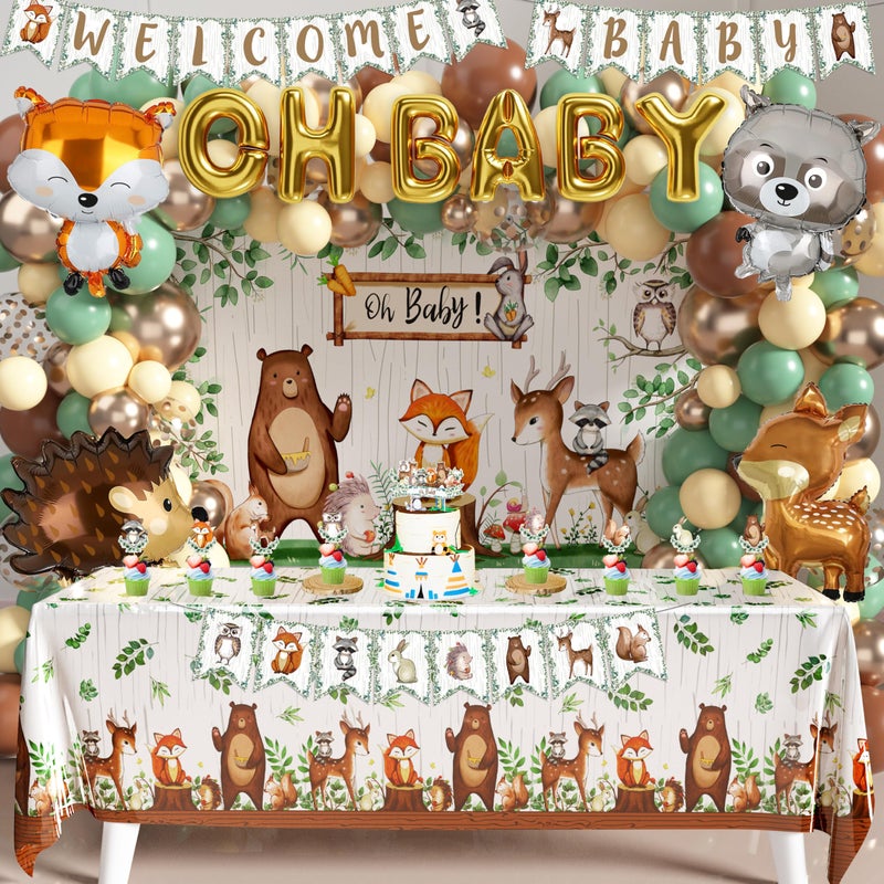 BORAMDO Woodland Animals Baby Shower Decoration Pack Forest Animal Neutral Gender Reveal Party Supplies Woodland Themed Birthday Party Ideas Set 106 Pcs Backdrop, Tablecloth, Cake Toppers, Balloons - Image 1
