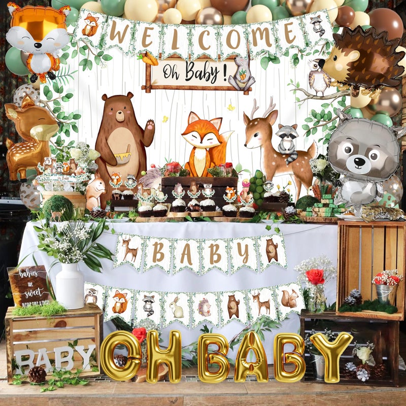 BORAMDO Woodland Animals Baby Shower Decoration Pack Forest Animal Neutral Gender Reveal Party Supplies Woodland Themed Birthday Party Ideas Set 106 Pcs Backdrop, Tablecloth, Cake Toppers, Balloons - Image 5