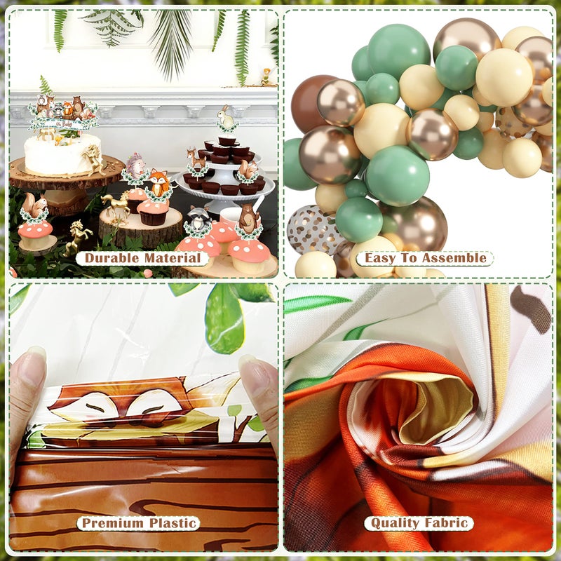 BORAMDO Woodland Animals Baby Shower Decoration Pack Forest Animal Neutral Gender Reveal Party Supplies Woodland Themed Birthday Party Ideas Set 106 Pcs Backdrop, Tablecloth, Cake Toppers, Balloons - Image 4