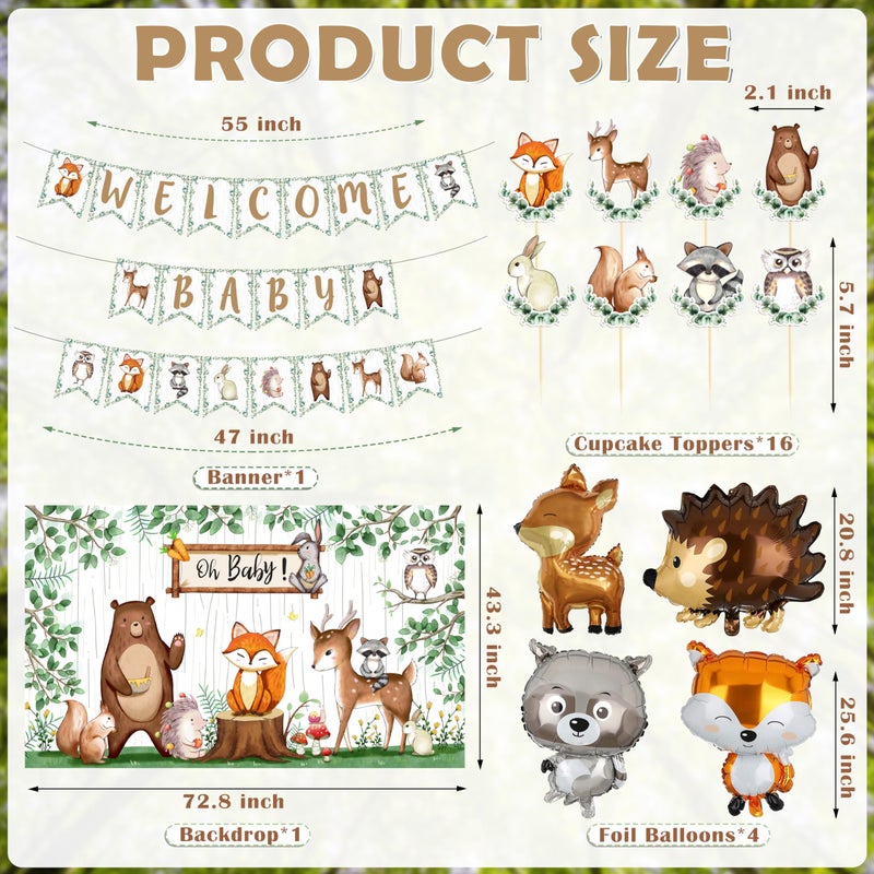BORAMDO Woodland Animals Baby Shower Decoration Pack Forest Animal Neutral Gender Reveal Party Supplies Woodland Themed Birthday Party Ideas Set 106 Pcs Backdrop, Tablecloth, Cake Toppers, Balloons - Image 2