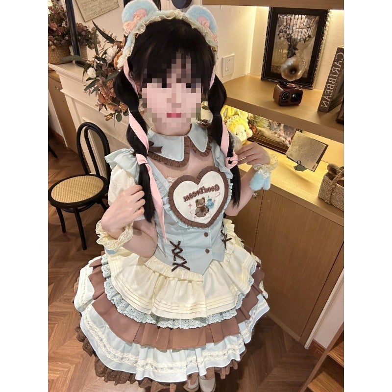 Lolita Cute Sweet Age-reducing Contrast Color Stitching Lotus Leaf Waist Shirt High Waist Puff Cake Skirt Girl suit Shirt + short skirt 