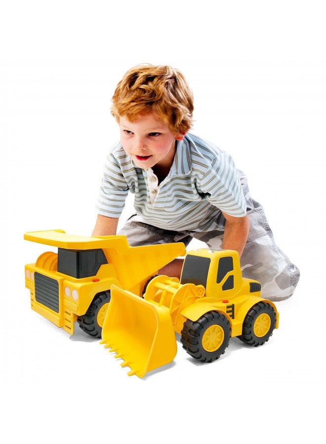 Boley Builders 2 Pack Construction Vehicles - Large Yellow Front Loader and Dump Truck with Lights and Sounds - Kids Construction Toys Set for Toddlers Boys and Girls - Image 2