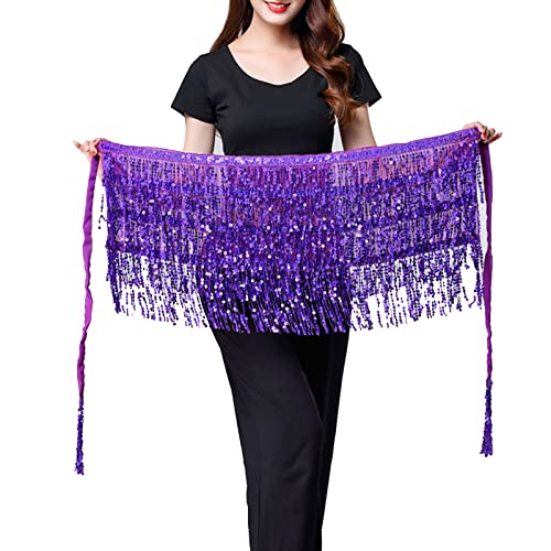 SUMERSHA Belly Dance Hip Scarf Sequin Tassel Performance Outfits Sparkly Fringe Skirt Wrap Halloween Costume Party Festival Rave Skirt for Women and Girls, Purple - Image 2