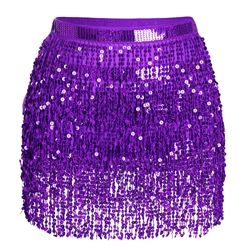 SUMERSHA Belly Dance Hip Scarf Sequin Tassel Performance Outfits Sparkly Fringe Skirt Wrap Halloween Costume Party Festival Rave Skirt for Women and Girls, Purple - Image 1