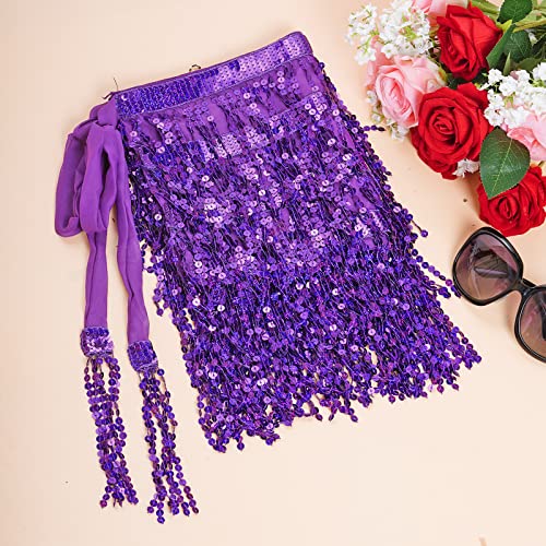 SUMERSHA Belly Dance Hip Scarf Sequin Tassel Performance Outfits Sparkly Fringe Skirt Wrap Halloween Costume Party Festival Rave Skirt for Women and Girls, Purple - Image 3