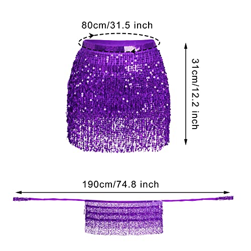 SUMERSHA Belly Dance Hip Scarf Sequin Tassel Performance Outfits Sparkly Fringe Skirt Wrap Halloween Costume Party Festival Rave Skirt for Women and Girls, Purple - Image 4